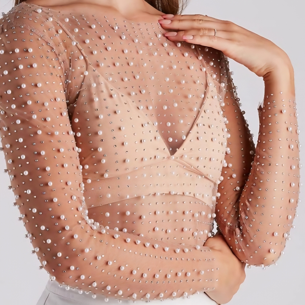 Sheer Long Sleeve Top with Rhinestones & Pearls